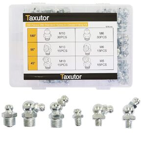 Taxutor Metric Hydraulic Grease Fittings SAE and MM Standard 240-Piece Kit – Straight, 90 Degree, 45 Degree Angled Grease Zerks Fitting Assortment Set