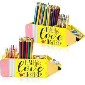 MALLMALL6 2 Pack Teacher Appreciation Gifts Pencil Shape Pencil Holder for Teacher, Wooden Desktop Pen Organizer with TEACH Love INSPIRE for Xmas End of Year Gift School Office Classroom