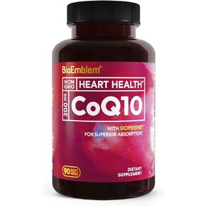 BioEmblem CoQ10 with BioPerine - 200mg Softgels, Superior Absorption - Coenzyme Q10 Antioxidant for Energy Production, Heart Health - Natural Form, Non-GMO CoQ10 Supplement - 90 Count