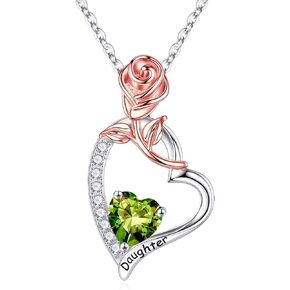Daughter Gifts Rose Heart Birthstone Necklace, 925 Sterling Silver Natural or Created Gemstone Pendant Necklace Valentines Mothers Day Gifts for Daughter Birthday Christmas Gifts for Daughter from Mom