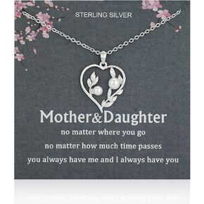 Mother Daughter Necklace with Heart Shaped Leaf and Pearl, Silver Mom Daughter Necklace, Ideal Mother Gift Necklace, Mom Necklace Perfect for Mother's Day, Birthday, Wedding, Christmas