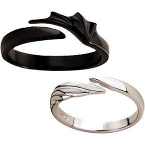 LIFKOME 2pcs Angel Devil Wings Adjustable Ring for Men and Women Black White Couple Ring Silver Couple Matching Jewelry for Engagement Marry Wedding Band Cute Gifts
