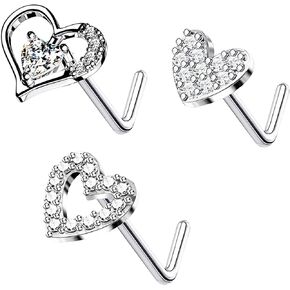 FLOGWE 20G 3PCS Nose Ring Studs 316L Heart Nose Rings Nose Studs Heart Nose Stud Surgical Steel CZ L-Shaped Piercing Jewelry