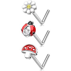 Meiighting 3Pcs Mushroom Nose Rings 20G Ladybug Nose Studs Surgical Steel 316L Flower Nose Piercing Jewelry L Shaped For Women 8mm Spring Piercing Jewerly