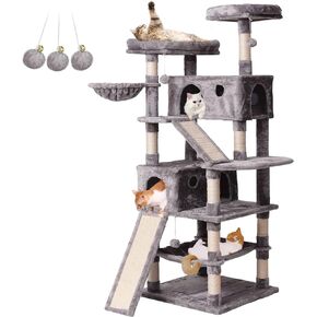 MQ Cat Tree Cat Tower 70.1 in, Multi Level Cat Scratching Post with Condos, Ladders, Basket, Hammock & Plush Perches for Kittens, Large Cats, Light Gray