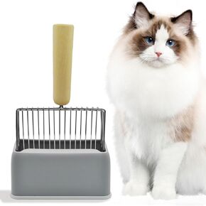MUYG Cat Litter Scoop with Holder,Metal Cat Scooper for Litter Box with Wooden Handle,Kitty Litter Scoop with Durable Washable Base Stand Heavy Duty Cat Litter Box Scooper for Easy Fast Sifting（Grey）