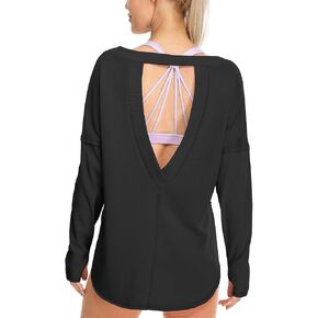 icyzone Women's Open Back Long Sleeve Crewneck Backless Athletic Tops with Thumb Holes