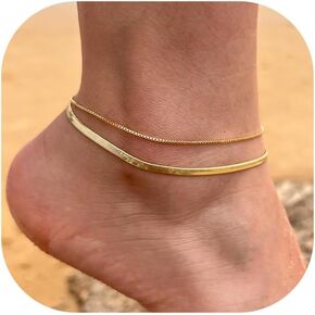 Risamil Ankle Bracelets for Women, 14K Gold Anklets for Women Waterproof Layered Ankle Bracelets for Women Teen Girl Herringbone Anklet Set Summer Foot Jewelry Gifts