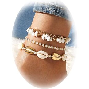 Sgoeths 4pcs Shell Bracelet Anklets For Women Girls Boho Layered Shell Anklet Set Beaded Foot Chain Anklet Bracelets Adjustable Handmade Seashell Gravel Pendant Foot Chains Beach Bracelet Anklets Jewelry Gift (Shell Set)