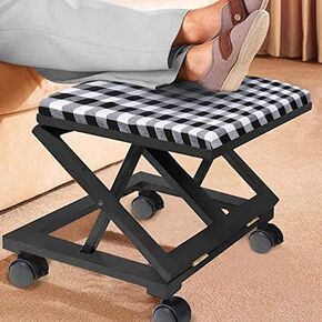 Footrest Foldaway Elevated Foot Stool Under Desk - Adjustable Height Foot Rest -Rolling Wood Ottoman (Black Leather)