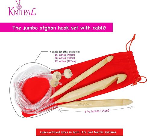 الأفغاني-32 KnitPal 32 بوصة (80 سم) خطافات طويلة كروشيه تونسية أفغانية طويلة مع حبل (3 أنماط مجانية)، للحياكة والحياكة التونسية، 13 مقاسًا من D إلى O (3-12 مم) in Kuwait
