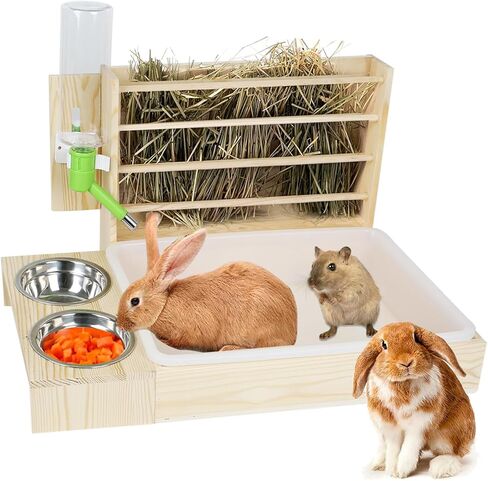 4 في 1 وحدة تغذية قش الأرانب ومغذية المياه مع صندوقي فضلات، مدير تغذية أرنب خشبي آمن، رف حامل تبن للمرحاض للحيوانات الصغيرة للهامستر الخنزير الغيني in Kuwait