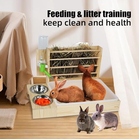 4 في 1 وحدة تغذية قش الأرانب ومغذية المياه مع صندوقي فضلات، مدير تغذية أرنب خشبي آمن، رف حامل تبن للمرحاض للحيوانات الصغيرة للهامستر الخنزير الغيني in Kuwait