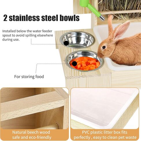 4 في 1 وحدة تغذية قش الأرانب ومغذية المياه مع صندوقي فضلات، مدير تغذية أرنب خشبي آمن، رف حامل تبن للمرحاض للحيوانات الصغيرة للهامستر الخنزير الغيني in Kuwait