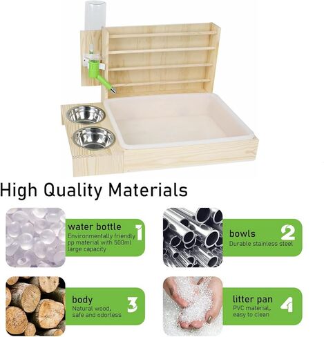 4 في 1 وحدة تغذية قش الأرانب ومغذية المياه مع صندوقي فضلات، مدير تغذية أرنب خشبي آمن، رف حامل تبن للمرحاض للحيوانات الصغيرة للهامستر الخنزير الغيني in Kuwait