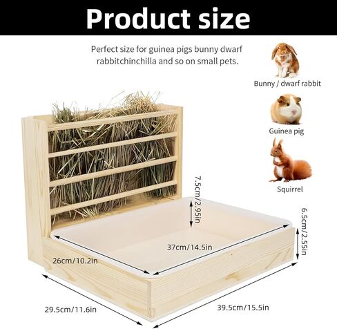 4 في 1 وحدة تغذية قش الأرانب ومغذية المياه مع صندوقي فضلات، مدير تغذية أرنب خشبي آمن، رف حامل تبن للمرحاض للحيوانات الصغيرة للهامستر الخنزير الغيني in Kuwait