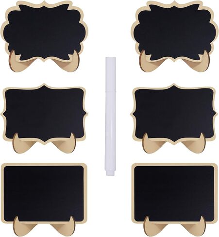 6 قطع من لافتات السبورة الصغيرة من LNAUJS، 3 أشكال من السبورة الصغيرة مع أقلام طباشير بيضاء، لبطاقات اسم الطعام أو العلامات، ولافتات الطاولة، ولافتات الزفاف مع حامل خشبي in Kuwait