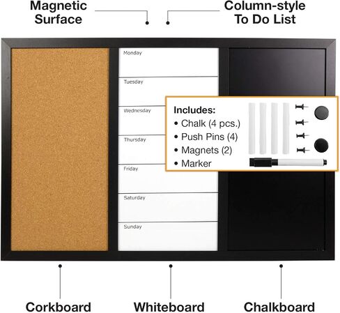 Excello Global Products Wall Board Combo Whiteboard Corkboard & Chalkboard: Magnetic Large Weekly Daily Planner Note Reminder Wall Mounted Task Organizer 23.5"x15" in Saudi Arabia