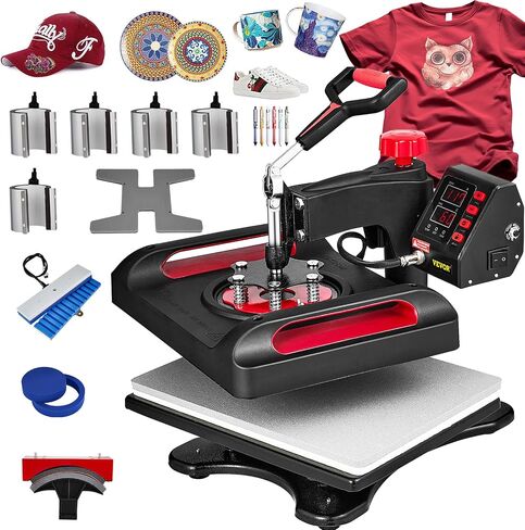 VEVOR 11 in 1 Heat Press Machine Tshirt Press Machine 360° Swing Away Digital Shirt Printing Multifunction Heat Transfer Clamshell Sublimation for T-Shirt Hat Cap Mug Plate Pen Shoes, 15x12 Inch in Saudi Arabia