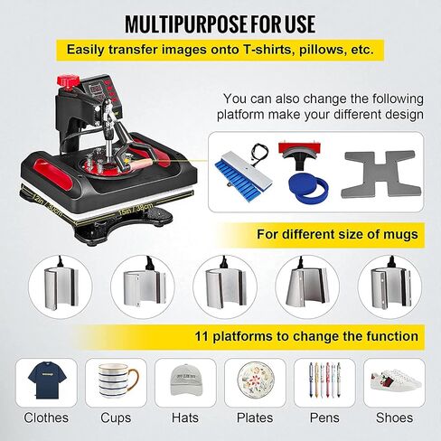 VEVOR 11 in 1 Heat Press Machine Tshirt Press Machine 360° Swing Away Digital Shirt Printing Multifunction Heat Transfer Clamshell Sublimation for T-Shirt Hat Cap Mug Plate Pen Shoes, 15x12 Inch in Saudi Arabia