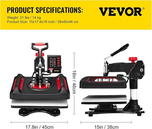 VEVOR 11 in 1 Heat Press Machine Tshirt Press Machine 360° Swing Away Digital Shirt Printing Multifunction Heat Transfer Clamshell Sublimation for T-Shirt Hat Cap Mug Plate Pen Shoes, 15x12 Inch in Saudi Arabia