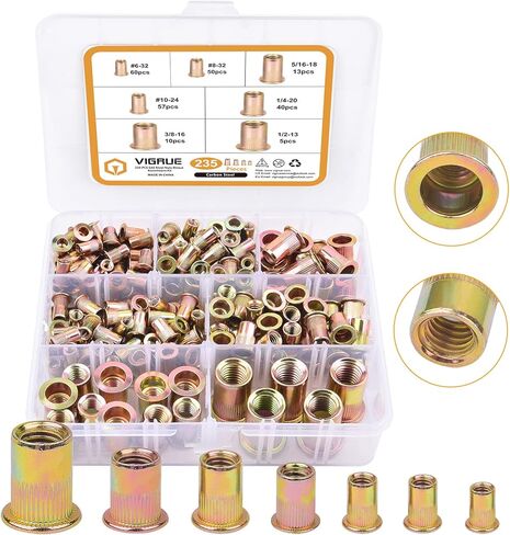 VIGRUE 235 قطعة #6-32#8-32#10-24 1/4"-20 5/16"-18 3/8"-16 1/2-13 مجموعة متنوعة من صواميل برشام UNC من الفولاذ الكربوني، لمسة نهائية مطلية بالزنك الأصفر ، رأس مسطح ملولب إدراج Nutserts متنوعة in Kuwait