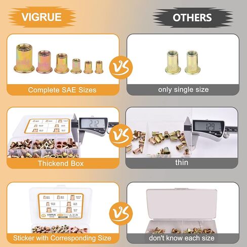 VIGRUE 235 قطعة #6-32#8-32#10-24 1/4"-20 5/16"-18 3/8"-16 1/2-13 مجموعة متنوعة من صواميل برشام UNC من الفولاذ الكربوني، لمسة نهائية مطلية بالزنك الأصفر ، رأس مسطح ملولب إدراج Nutserts متنوعة in Kuwait