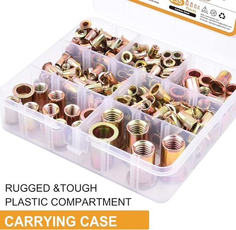 VIGRUE 235 قطعة #6-32#8-32#10-24 1/4"-20 5/16"-18 3/8"-16 1/2-13 مجموعة متنوعة من صواميل برشام UNC من الفولاذ الكربوني، لمسة نهائية مطلية بالزنك الأصفر ، رأس مسطح ملولب إدراج Nutserts متنوعة in Kuwait