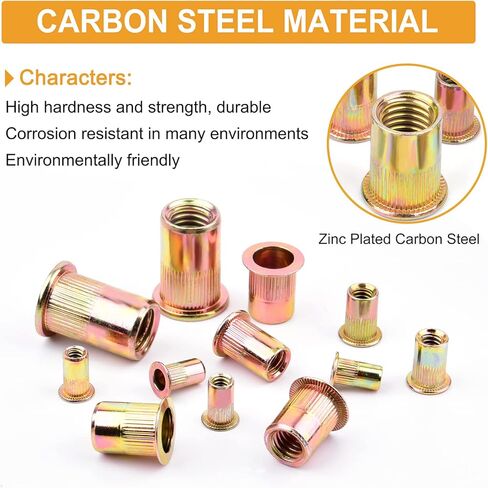 VIGRUE 235 قطعة #6-32#8-32#10-24 1/4"-20 5/16"-18 3/8"-16 1/2-13 مجموعة متنوعة من صواميل برشام UNC من الفولاذ الكربوني، لمسة نهائية مطلية بالزنك الأصفر ، رأس مسطح ملولب إدراج Nutserts متنوعة in Kuwait