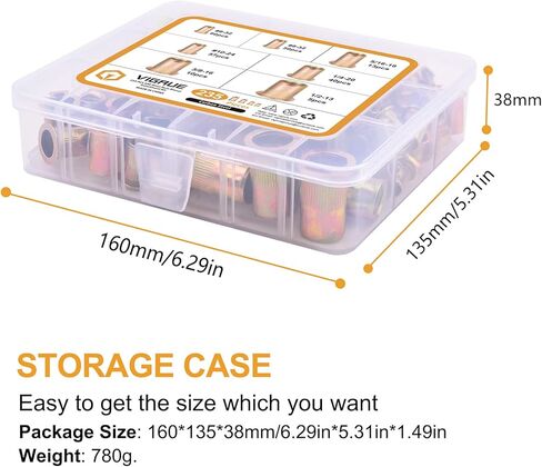 VIGRUE 235 قطعة #6-32#8-32#10-24 1/4"-20 5/16"-18 3/8"-16 1/2-13 مجموعة متنوعة من صواميل برشام UNC من الفولاذ الكربوني، لمسة نهائية مطلية بالزنك الأصفر ، رأس مسطح ملولب إدراج Nutserts متنوعة in Kuwait