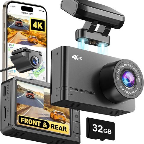 كاميرا WOLFBOX D07 Pro Dash Cam أمامية وخلفية، كاميرا سيارة 4K مع GPS WiFi، بطاقة مجانية 32 جيجابايت، كاميرا داش مزدوجة 2160P UHD للسيارات، Dashcam مع شاشة LCD 2.45 بوصة، رؤية ليلية فائقة، شاشات وقوف السيارات، تسجيل حلقي in Kuwait
