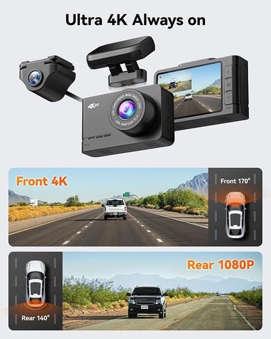 كاميرا WOLFBOX D07 Pro Dash Cam أمامية وخلفية، كاميرا سيارة 4K مع GPS WiFi، بطاقة مجانية 32 جيجابايت، كاميرا داش مزدوجة 2160P UHD للسيارات، Dashcam مع شاشة LCD 2.45 بوصة، رؤية ليلية فائقة، شاشات وقوف السيارات، تسجيل حلقي in Kuwait