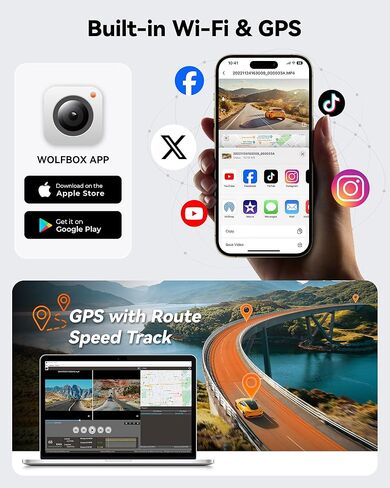 كاميرا WOLFBOX D07 Pro Dash Cam أمامية وخلفية، كاميرا سيارة 4K مع GPS WiFi، بطاقة مجانية 32 جيجابايت، كاميرا داش مزدوجة 2160P UHD للسيارات، Dashcam مع شاشة LCD 2.45 بوصة، رؤية ليلية فائقة، شاشات وقوف السيارات، تسجيل حلقي in Kuwait