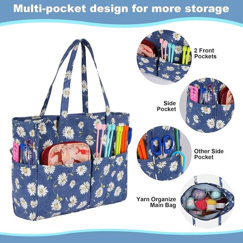 حقيبة تخزين غزل جوزيا، حقيبة حياكة، حقيبة تخزين محمولة للخيوط، مجموعة أدوات تنظيم الكروشيه ذات سعة كبيرة، خطافات وإبر كروشيه، كرات غزل، مشروع وخياطة (ورود مغرية) in Kuwait