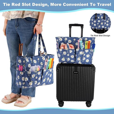 حقيبة تخزين غزل جوزيا، حقيبة حياكة، حقيبة تخزين محمولة للخيوط، مجموعة أدوات تنظيم الكروشيه ذات سعة كبيرة، خطافات وإبر كروشيه، كرات غزل، مشروع وخياطة (ورود مغرية) in Kuwait