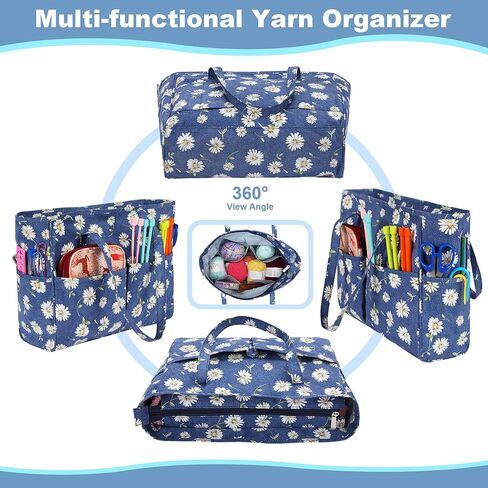حقيبة تخزين غزل جوزيا، حقيبة حياكة، حقيبة تخزين محمولة للخيوط، مجموعة أدوات تنظيم الكروشيه ذات سعة كبيرة، خطافات وإبر كروشيه، كرات غزل، مشروع وخياطة (ورود مغرية) in Kuwait