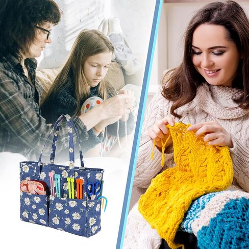 حقيبة تخزين غزل جوزيا، حقيبة حياكة، حقيبة تخزين محمولة للخيوط، مجموعة أدوات تنظيم الكروشيه ذات سعة كبيرة، خطافات وإبر كروشيه، كرات غزل، مشروع وخياطة (ورود مغرية) in Kuwait