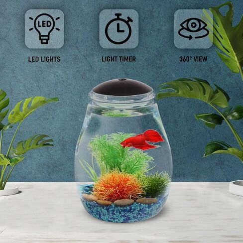 SW PRODUCTS 2-Gallon Fish Tank, Pear-Shape Aquarium Starter Kits with LED Lighting and USB Cord, Ultra Clear Impact-Resistant Plastic Fish Bowl for Betta/Nano/Goldfish in Saudi Arabia