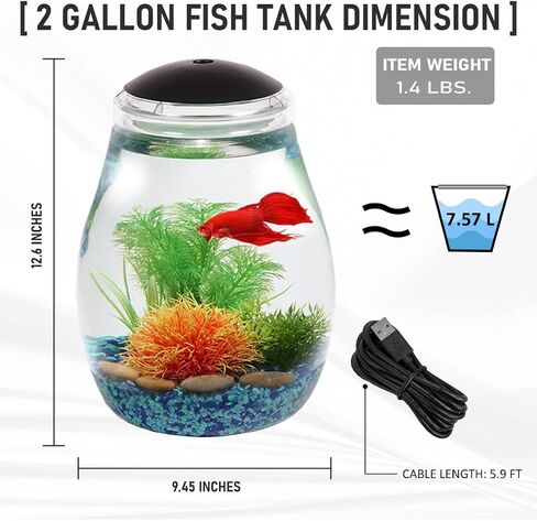 SW PRODUCTS 2-Gallon Fish Tank, Pear-Shape Aquarium Starter Kits with LED Lighting and USB Cord, Ultra Clear Impact-Resistant Plastic Fish Bowl for Betta/Nano/Goldfish in Saudi Arabia