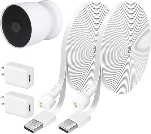 2 حزمة كابل طاقة ومحول طاقة بطول 13 قدم/4 متر متوافق مع Google Nest Cam في الهواء الطلق أو في الداخل، بطارية، كابل خارجي مسطح مقاوم للطقس يشحن باستمرار كاميرا Nest الخاصة بك (البطارية) - أبيض in Kuwait