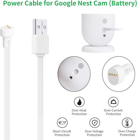 2 حزمة كابل طاقة ومحول طاقة بطول 13 قدم/4 متر متوافق مع Google Nest Cam في الهواء الطلق أو في الداخل، بطارية، كابل خارجي مسطح مقاوم للطقس يشحن باستمرار كاميرا Nest الخاصة بك (البطارية) - أبيض in Kuwait