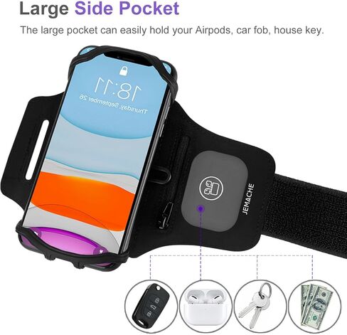 سوار ذراع JEMACHE للجري لهاتف iPhone 14 Pro Max، 13 12 11 XR SE، 6S 7 8 Plus، Samsung Galaxy S23 S22 S21 Ultra، Plus، حزام ذراع للهاتف الخلوي مع حامل Airpods (أسود) in Kuwait