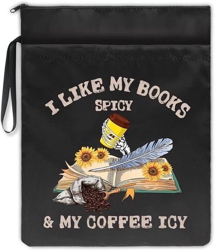QYUVK I Like My Books Spicy and My Coffee غلاف كتاب من القماش الأسود القابل للغسل، هدايا حامية لغطاء الكتاب المضحك لمحبي القهوة، هدية كتابية، هدية نادي الكتاب، هدية أمين مكتبة دودة الكتب in Saudi Arabia
