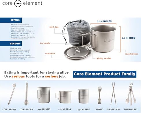 Core Element Titanium Lightweight Camping Bushcraft Mug Pot with Lid & Handle Dual Purpose - Open Fire Direct Flame Safe, Easy Clean (750 ML) in Saudi Arabia