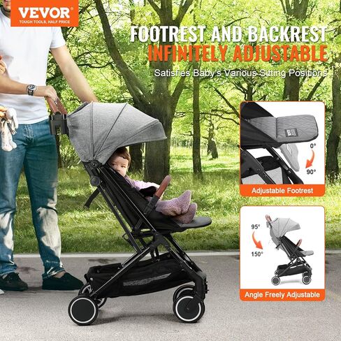 VEVOR Standard Baby Infant Stroller, Toddler Stroller with 95°-150° Adjustable Backrest & & 0/90°Adjustable Footrest & One-Click Folding, Newborn Stroller with Cup Holder and Carry Bag, Dark Grey in Saudi Arabia