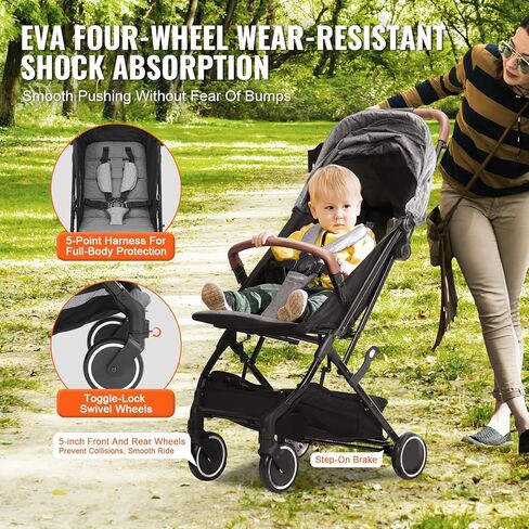 VEVOR Standard Baby Infant Stroller, Toddler Stroller with 95°-150° Adjustable Backrest & & 0/90°Adjustable Footrest & One-Click Folding, Newborn Stroller with Cup Holder and Carry Bag, Dark Grey in Saudi Arabia