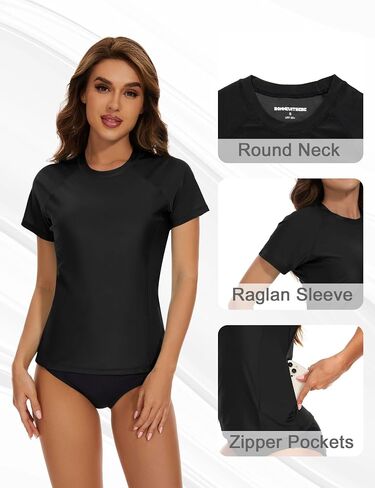 Bonneuitbebe Women's Swim Shirt UPF 50+ Short Sleeve Rash Guard UV Sun Protection Swimsuit Swim Top with Zipper Pocket in Saudi Arabia