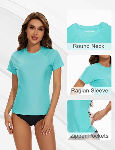 Bonneuitbebe Women's Swim Shirt UPF 50+ Short Sleeve Rash Guard UV Sun Protection Swimsuit Swim Top with Zipper Pocket in Saudi Arabia