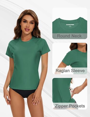 قميص سباحة للسيدات من Bonneuitbebe بعامل حماية من الأشعة فوق البنفسجية 50+ وأكمام قصيرة للحماية من الطفح الجلدي من الأشعة فوق البنفسجية للحماية من أشعة الشمس مع جيب بسحاب in Kuwait