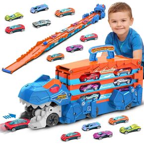 VATOS Toddler Truck Car Toys for 3 4 5 6 Year Old Girls, Foldable Race Track Toy with 6 Race Cars, Portable Transport Carrier Truck with Light & Music, Princess Toys Cars Gift for Kids Girls in Kuwait